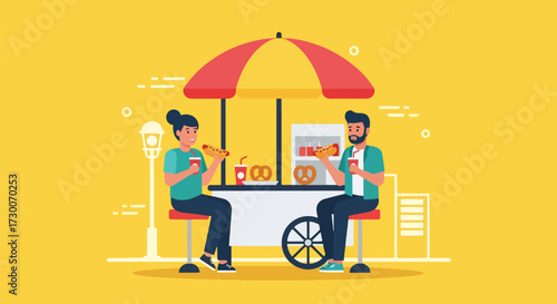 Adobe illustrator artwork vector illustration: Happy couple enjoys hot dogs and pretzels at a street food stand in the city, perfect for urban lifestyle and casual dining themes