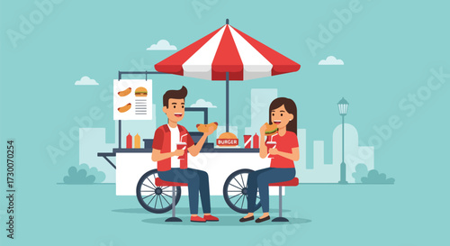 Adobe illustrator artwork vector illustration: Happy couple enjoys hot dogs and pretzels at a street food stand in the city, perfect for urban lifestyle and casual dining themes