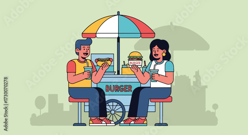 Adobe illustrator artwork vector illustration: Happy couple enjoys hot dogs and pretzels at a street food stand in the city, perfect for urban lifestyle and casual dining themes