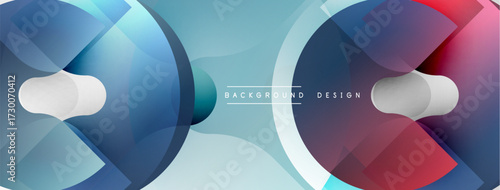 Abstract geometric shapes overlap. Blue, red, gray colors create modern design. Smooth gradients suggest movement, depth.
