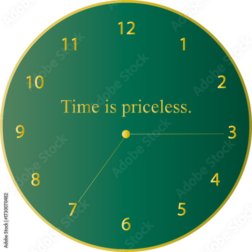 Time Is Priceless – Brass Gradient Typography with Elegant Clock Illustration on Green Foliage Gradient Background Vector Design.