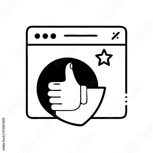 Vector art of icon representing a positive review or approval, with a thumbsup symbol and a star, suggesting a good user experience or product quality