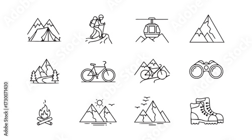 Set of hand drawn mountain adventure icons for outdoor recreation and travel vector