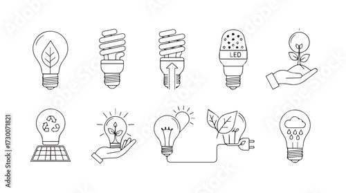 Creative light bulb icons representing ideas innovation and energy solutions in line art style vector
