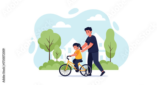 Adobe illustrator artwork vector illustration: A cheerful father teaches his daughter to ride a bicycle in a park-like setting, highlighting family bonding, outdoor fun, and childhood development