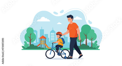 Adobe illustrator artwork vector illustration: A cheerful father teaches his daughter to ride a bicycle in a park-like setting, highlighting family bonding, outdoor fun, and childhood development