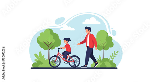 Adobe illustrator artwork vector illustration: A cheerful father teaches his daughter to ride a bicycle in a park-like setting, highlighting family bonding, outdoor fun, and childhood development
