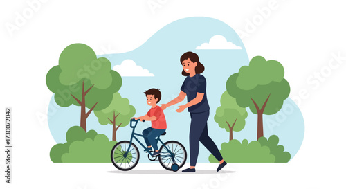 Adobe illustrator artwork vector illustration: A mother teaches her daughter to ride a bicycle in a park, embodying family moments, outdoor activities, and childhood learning, perfect for parenting