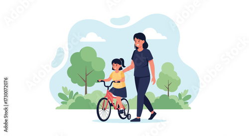 Adobe illustrator artwork vector illustration: A mother teaches her daughter to ride a bicycle in a park, embodying family moments, outdoor activities, and childhood learning, perfect for parenting