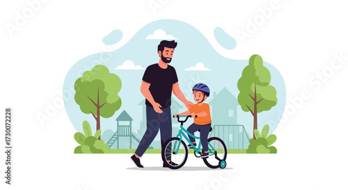 Adobe illustrator artwork vector illustration: A cheerful father teaches his daughter to ride a bicycle in a park-like setting, highlighting family bonding, outdoor fun, and childhood development