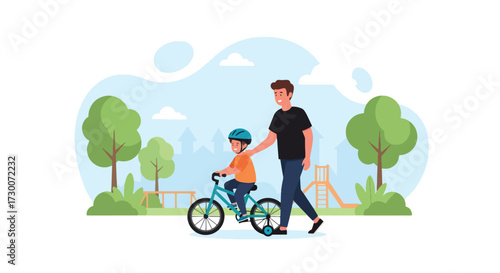 Adobe illustrator artwork vector illustration: A cheerful father teaches his daughter to ride a bicycle in a park-like setting, highlighting family bonding, outdoor fun, and childhood development