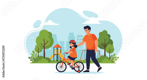 Adobe illustrator artwork vector illustration: A cheerful father teaches his daughter to ride a bicycle in a park-like setting, highlighting family bonding, outdoor fun, and childhood development