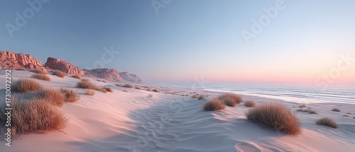 Desert Landscape with Golden Dunes at Sunset Cinematic View with Pink Sky and Bushes