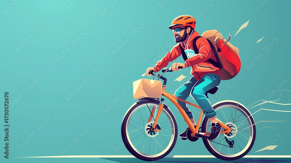 Fototapeta premium Cartoon courier in faceless style riding electric bike with blank food delivery backpack, futuristic flat vector design.