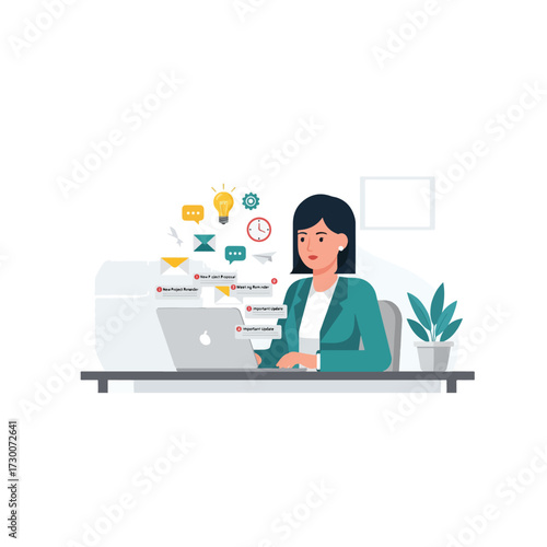 Businesswoman multitasking at her office desk with a laptop.