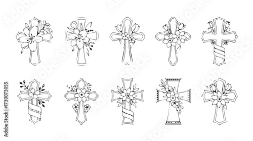 Collection of ten intricately designed ornamental crosses on a clean in a grid layout vector