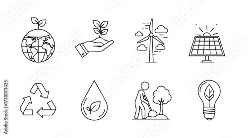 Set of hand drawn icons representing ecology and sustainability concepts environmentally friendly vector