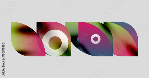 Abstract colorful shapes overlap, creating dynamic visual composition. Circles, curves, gradients define modern design elements.