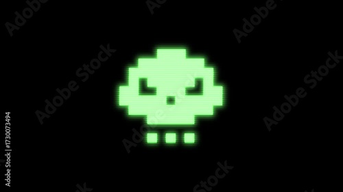 Pixelated human skull symbol glowing with distortions and glitch effects