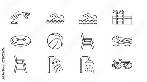 Collection of swimming pool icons featuring activities equipment and aquatic fun elements vector