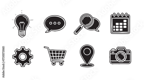 Set of hand drawn sketch icons for web and app design symbols representing ideas and business vector