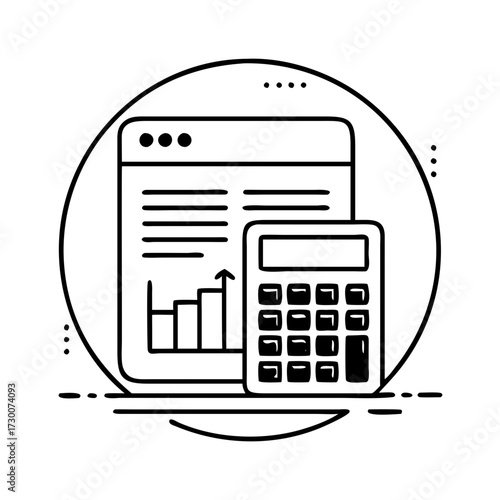 Vector art of line art illustration of a calculator and a document with a bar chart, representing financial analysis and accounting concepts