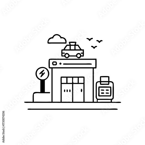 Vector art of electric vehicle charging station with car on top clean and simple line art illustration for modern sustainable tech