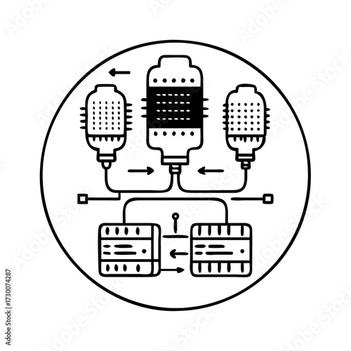 Vector art of abstract representation of a network system with interconnected components and directional flow arrows