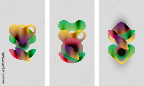 Abstract colorful shapes overlap, creating vibrant triptych. Soft gradients blend hues, forming organic forms on gray background.