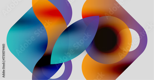 Abstract colorful shapes overlap, creating fluid forms. Vibrant hues blend, suggesting movement, energy, modern design.