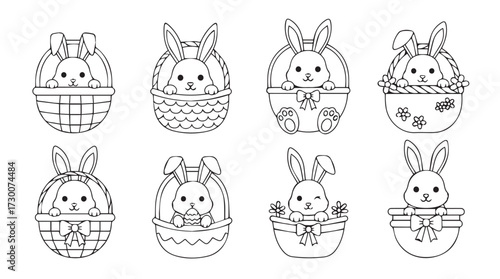 Cute easter bunny illustrations in baskets adorable hand drawn spring holiday characters for decoration vector