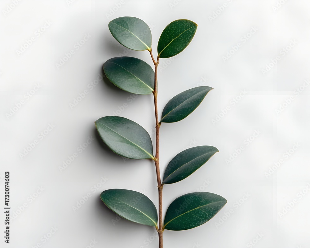 Fototapeta Single Green Leafy Branch with Multiple Oval Leaves on a White Background plant