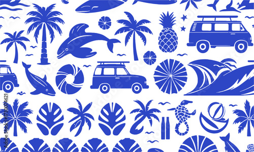 A vibrant and clean vector illustration inspired by a tropical beach lifestyle,surf-themed elements such as palm trees, pineapples, waves, sunbursts, surfboards, marine life, easily editable.