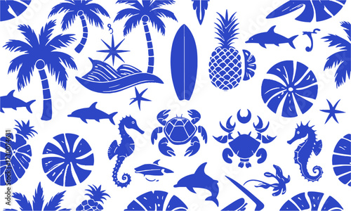 A vibrant and clean vector illustration inspired by a tropical beach lifestyle,surf-themed elements such as palm trees, pineapples, waves, sunbursts, surfboards, marine life, easily editable.