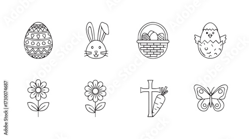 Whimsical easter icons collection delicate line art for spring celebrations and holiday designs vector