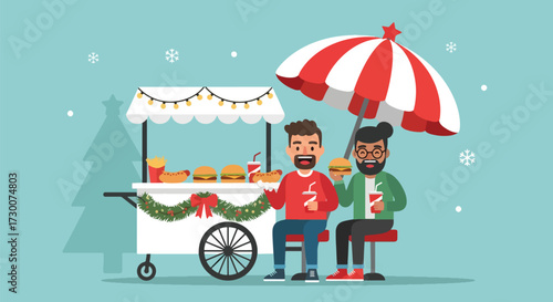 Adobe illustrator artwork vector illustration Happy couple enjoys festive hot dogs and burgers at a decorated Christmas market food stall, perfect for holiday season, winter celebrations