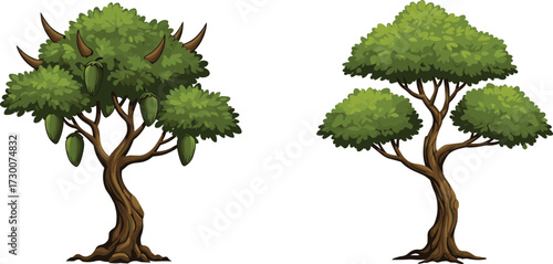 Cartoon tree with green fruits and thorns beside peaceful tree, showcasing botanical contrast, nature symbolism, and plant diversity illustration