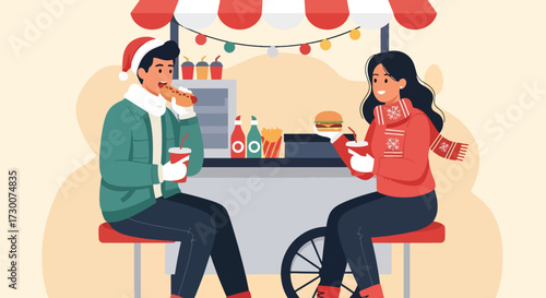 Adobe illustrator artwork vector illustration Happy couple enjoys festive hot dogs and burgers at a decorated Christmas market food stall, perfect for holiday season, winter celebrations