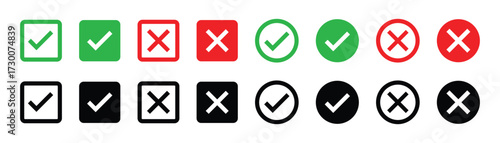 Green check marks and red cross mark icon button. Check mark icons set. Tick and cross symbol. Accepted or rejected, true or false, right or wrong, yes or no signs icons. Vector illustration.