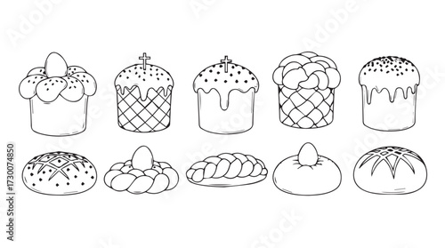 Hand drawn collection of easter cakes and breads various styles festive holiday treats vector