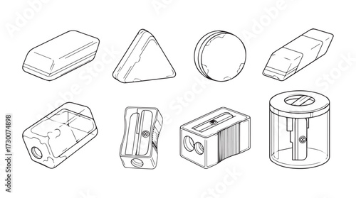 Set of hand drawn sketch objects including erasers pencil sharpeners and drawing tools vector
