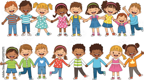 Cartoon vector illustration of diverse children holding hands, celebrating friendship, inclusion, and unity in a playful and colorful style.