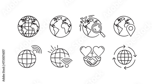 Collection of hand drawn globe icons representing global concepts and connectivity simplified vector