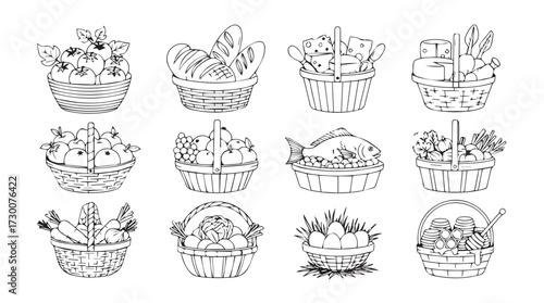 Collection of twelve artistic hand-drawn line art cakes in decorative wrappers vector