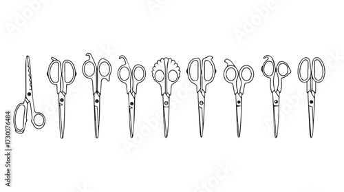 Diverse collection of vintage scissors and shears artistic line drawings in a row vector