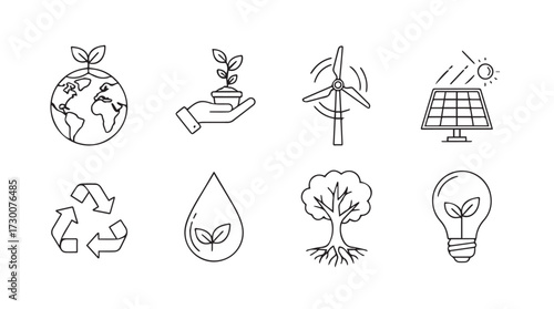 Hand drawn eco icons earth plant wind turbine solar panel recycle symbol water drop tree light bulb vector