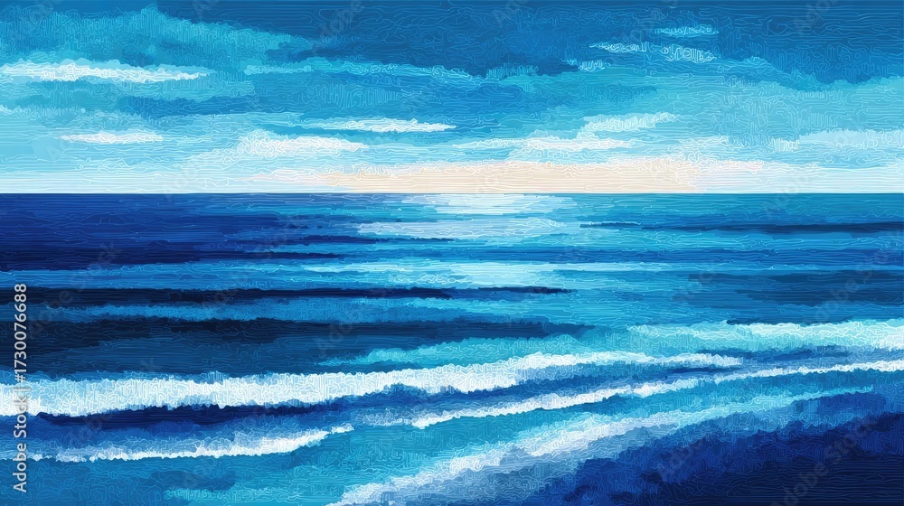 Fototapeta premium Abstract coastal scene with blue sky and sea concept. A serene ocean view with gentle waves and a tranquil sky.