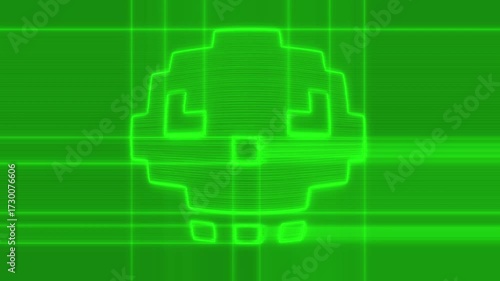 Pixelated human skull symbol glowing with distortions and glitch effects