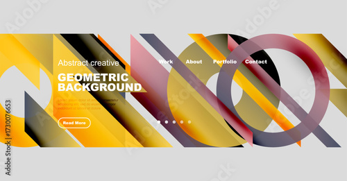 Abstract geometric design. Vibrant colors, layered shapes create modern visual experience. Website header with navigation options present.