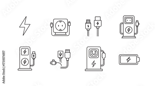 Set of electro mobility icons featuring charging stations plugs and battery symbols vector